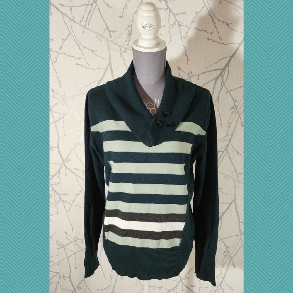 Crisca Forest Green Striped Knit Cowl Neck Sweater